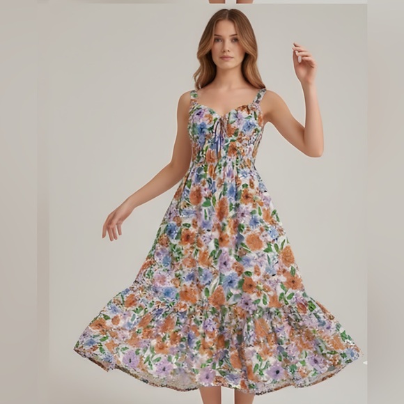 Boho Floral Print Tie Front Ruffle Hem Cami Dress - Picture 3 of 11